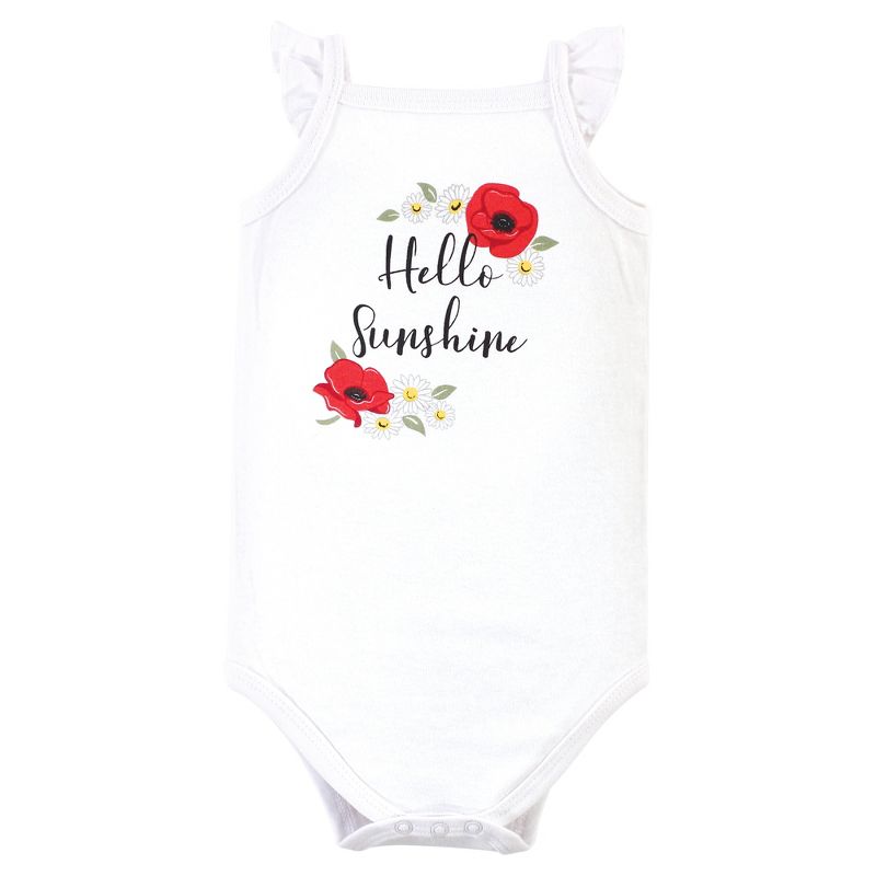 Hudson Baby Infant Girl Cotton Sleeveless Bodysuits 5pk, Poppy Daisy, 3 of 8