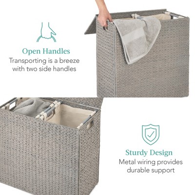 Large Gray Handwoven Water Hyacinth Double Laundry Hamper with Lid