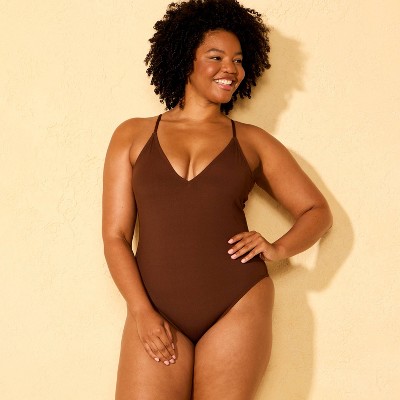 Shade & Shore Women's Long Torso Ribbed Plunge Neck Cheeky Coverage Plunge One Piece Swimsuit - Shade & Shore™ Brown M — фото 4