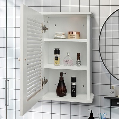 DOMETOUR Wall Mounted Cabinet, Hanging Medicine Cabinet with 3 Tiers, Single Louvered Door, Floating Cupboard for Home Bathroom Bedroom, White