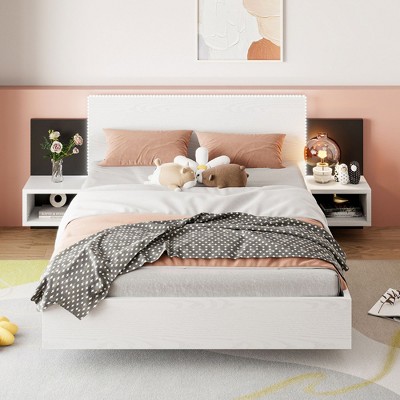 Okak Floating Platform Bed Frame with Bedside Nightstand Bed with LED Lights Strong Wood Slats No Springs Required Easy to Assemble