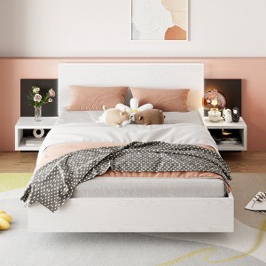 Okak Queen Floating Platform Bed Frame with Bedside Nightstand Bed with LED Lights Strong Wood Slats No Springs Required Easy to Assemble, White - 1 of 4