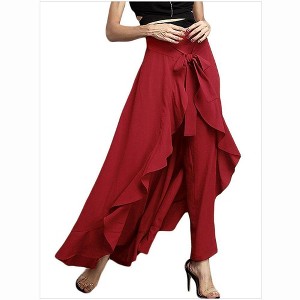 Coolmee Women's Trendy Casual Chiffon Elastic High Waist Pants Culottes Tie Front Ruffle Boho Flowy Maxi Skirts - 1 of 3