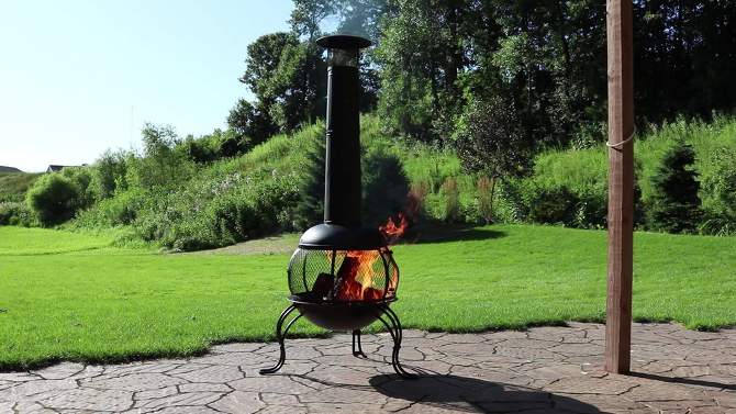 Sunnydaze Outdoor Backyard Patio Steel Wood-Burning Fire Pit Chiminea with Rain Cap and Mesh Sides - 66" - Black, 2 of 12, play video