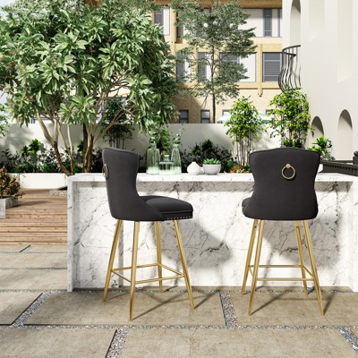 Grungis PU Leather Bar Stools with Metal Legs Set of 2,Counter Stools with Tufted Back and Nailheads Trim,Kitchen Chair for Kitchen Island