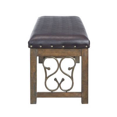 Raphaela 56" Black Faux Leather and Weathered Cherry Bench