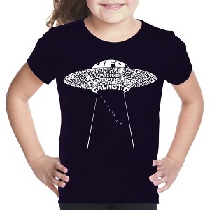 LA Pop Art Girl's Word Art T-shirt - Flying Saucer UFO - 1 of 4