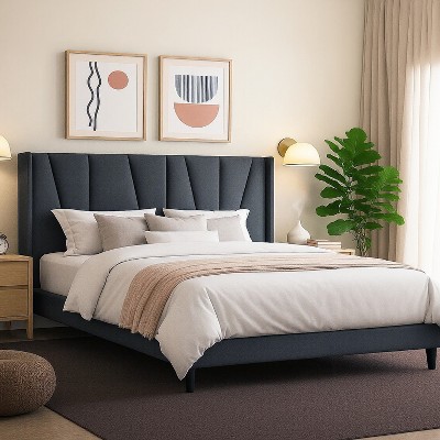 Platform Bed Frame with Geometric Wingback Headboard, Modern Upholstered Bed with Wooden Slats Support, No Box Spring Needed, Easy Assembly