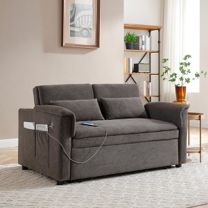 55" Velvet Two Seater Pull-Out Sofa Bed with USB Ports, Side Pockets, and 2 Waist Pillows for Living Room - 1 of 4