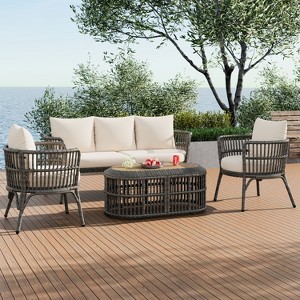 4-Piece PE Rattan Patio Seating Set with Acacia Wood Table Top, Outdoor Patio Conversation Set - Maison Boucle - 1 of 4