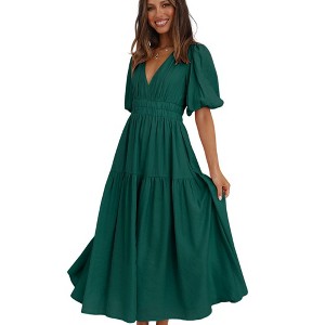 Coolmee Womens Maxi Dress Deep V Neck Puff Short Sleeve Tired Long Flowy Dresses - 1 of 4