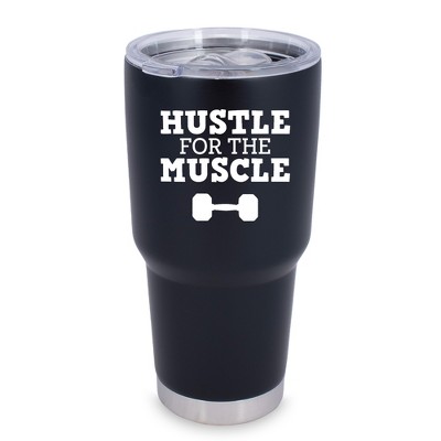 100 North 30 Ounce Stainless Steel On the Go Travel Tumbler With Push Top Lid, Hustle for the Muscle Black