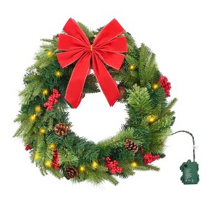 VEVOR Christmas Wreath, 24 Inches Pre-Lit Artificial Christmas Wreath with 50 Lights and Timer, Decorated with Pine Cones,Red Berry Clusters,Green - 1 of 4