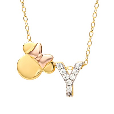 Disney Minnie Mouse Sterling Silver Gold Plated Cubic Zirconia Initial Pendant Necklace, 18" - Letter Y