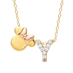 Disney Minnie Mouse Sterling Silver Gold Plated Cubic Zirconia Initial Pendant Necklace, 18" - Letter Y - 1 of 4