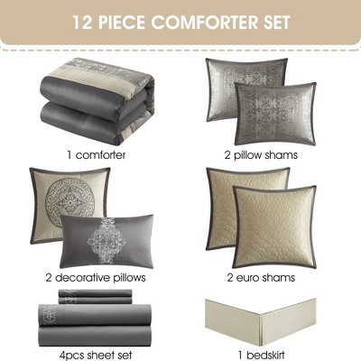 California King Gray and Silver Jacquard 12-Piece Comforter Set