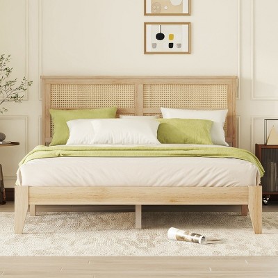 Queen Size Platform Bed with Rattan Headboard and Underbed Storage, Solid Rubber Wood Frame Bed for Modern Bedroom-Baofuwish