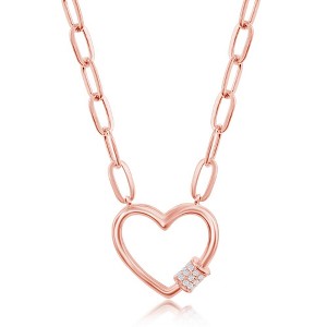 Bella Silver Sterling Silver Micro Pave CZ Carabiner Heart Necklace with Paperclip Chain - Rose Gold - Rose - 16+2 Inch - 1 of 2