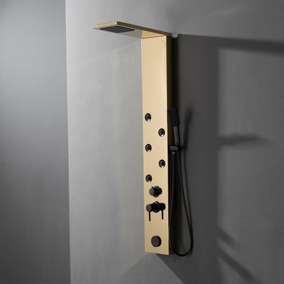 Gold Brushed 4-Jet Rainfall Shower Panel System with Handheld Wand