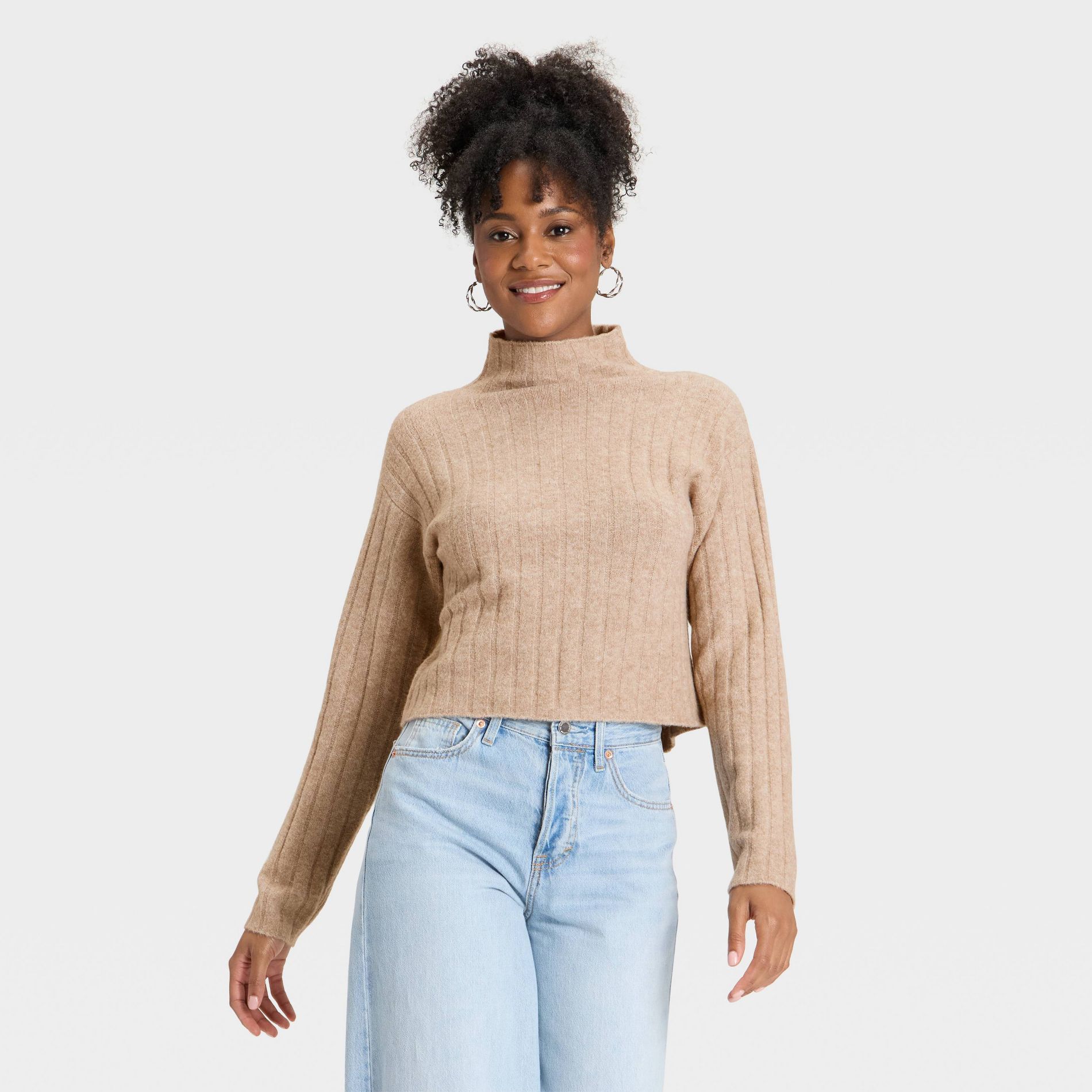 Women's Ribbed Mock Turtleneck Pullover Sweater - Universal Thread™ Tan S