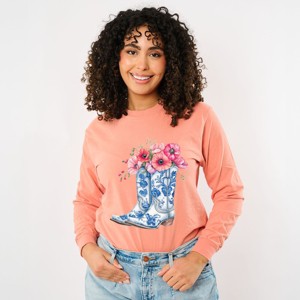 Simply Sage Market Cowboy Boots Floral Garment Dyed Long Sleeve - 1 of 4