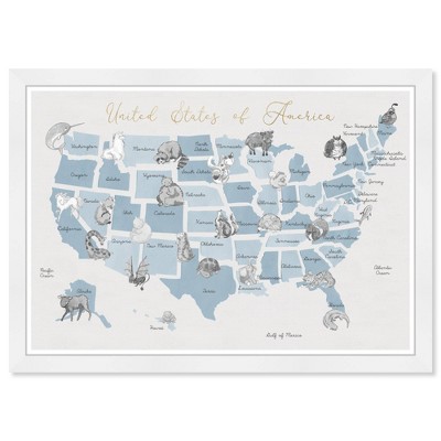 21" x 15" Blue and Gray US Map Americana and Patriotic Framed Art Print - Wynwood Studio: Modern Wall Decor, Digital Print