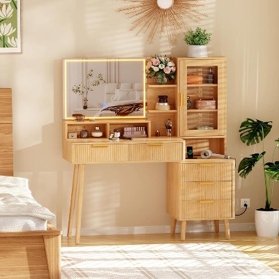 Garvee Makeup Vanity Desk -Dressing Table with Lights & Power Outlet, Fluted Vanity Desk with Mirror, 5 Drawers