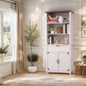 Jojoka 72 Inch Tall Bookshelf with Doors, 6-Tire Farmhouse Bookcase Floor Standing Bookshelves,White - 1 of 4