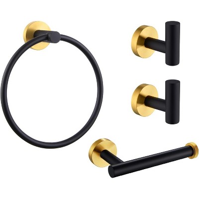 Mixxidea Round Single Towel Hook 2 PCS Bundle with Toilet Paper Holder, Round Towel Ring (Black & Gold)