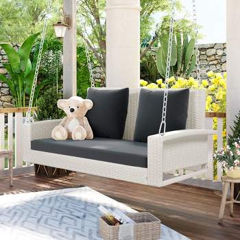 2-Person Patio Wicker Porch Swing with Chains, Cushion and Pillow, Rattan Hanging Bench for Garden/Backyard/Pond 4A - ModernLuxe