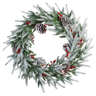 WOPET 28in Frosty Artificial Christmas Wreath - Crestwood Spruce with Pine Cones, Berry Clusters, and Frosted Branches, Green