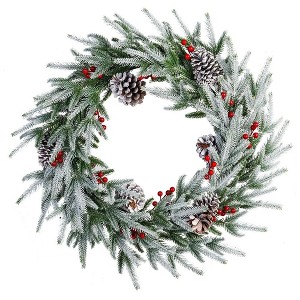 WOPET 28in Frosty Artificial Christmas Wreath - Crestwood Spruce with Pine Cones, Berry Clusters, and Frosted Branches, Green - 1 of 1