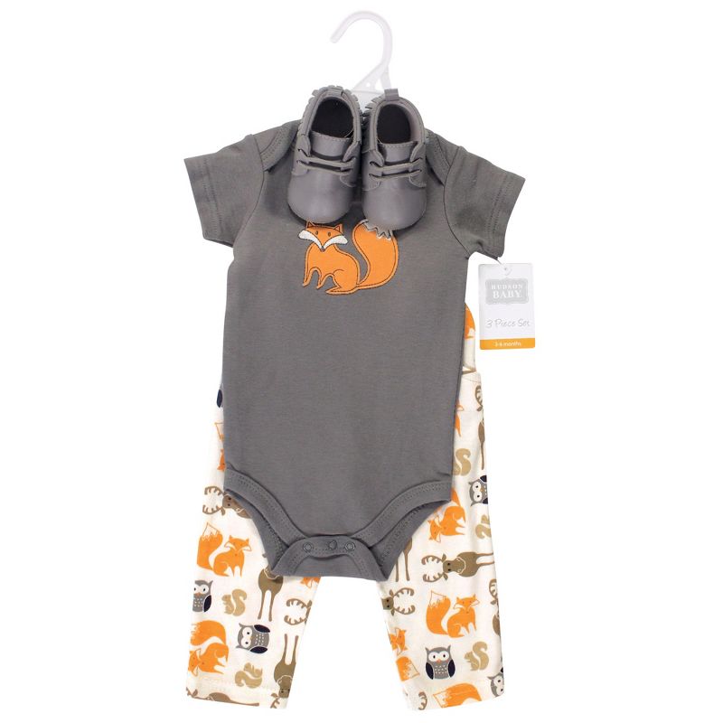 Hudson Baby Infant Boy Cotton Bodysuit, Pant and Shoe 3pc Set, Boy Forest, 3 of 4