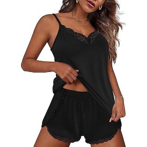 Ekouaer Satin Pajama Set for Women 2 Piece Silky Lingerie Sleepwear Lace Camisole Pj Shorts Set Soft Nightwear - 1 of 4