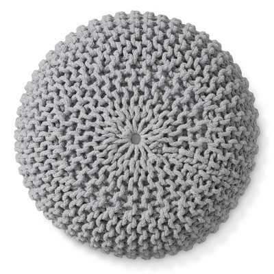 Light Gray Hand-Knitted Cotton Round Pouf Ottoman