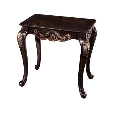 Royal Hampton End Table, 29 Inch Dark Cherry Brown Wood, Carved Details