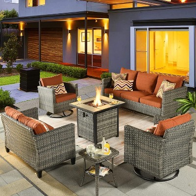 XIZZI 6 Pieces Patio Furniture Set with Square Fire Pit Table Swivel Rocking Chairs Loveseat Outdoor High Back Wicker Rattan Conversation Set