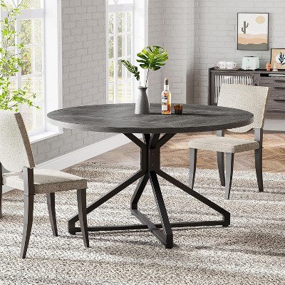 47-Inch Gray Wood Round Dining Table with Metal Pedestal Base
