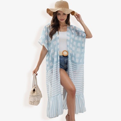 Anna-Kaci Swim Women's Sheer Striped Duster Cover-Up With Ruffled Hem And Open Front- One Size Fits Most, Blue