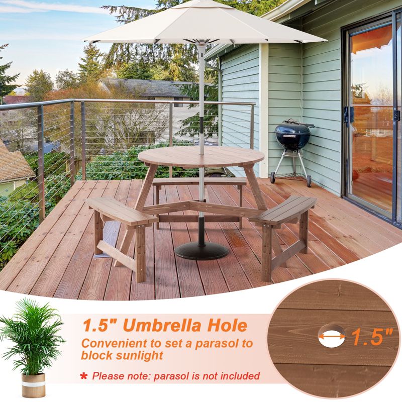 Tangkula 6-Person Outdoor Wooden Picnic Table W/ 3 Benches & Solid Wood Table, Circular Outdoor Dining Table W/ Umbrella Hole, 4 of 11