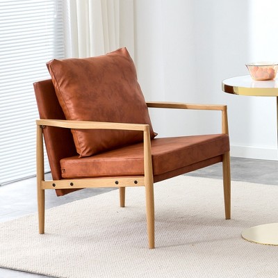 Cooper Faux Leather Accent Chair with Thick Seat Cushion, Oak Metal Legs Armchair for Living Room, Bedroom, Indoor Furniture - Maison Boucle