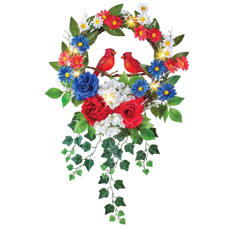 Collections Etc Lighted Patriotic Cardinal Wreath with Greenery 16" x 4.5" x 25", 1 of 4