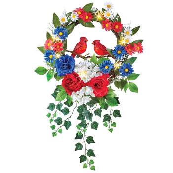 Collections Etc Lighted Patriotic Cardinal Wreath with Greenery 16" x 4.5" x 25"