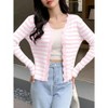 Women's Button Down Knit Striped Cardigan - Long Sleeve Crop Tops with Ribbed Textured Knit and Wavy Neckline, Slim Fit Shrugs - 4 of 4