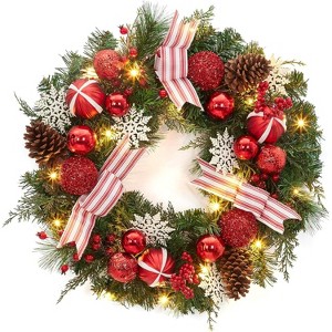 GAOMON 24 in Pre-Lit Christmas Wreath for Front Door, Artificial Christmas Wreath with 20 Led Lights and Timer, Xmas Wreath with Red Berries - 1 of 4