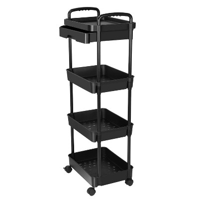 NewHome"4-Tier Rolling Utility Cart with Lockable Wheels, Rotatable Design & Storage Drawers for Home"Black White