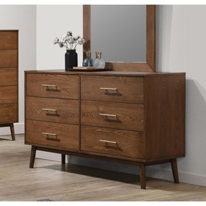 ORRD Walnut 6-Drawer Dresser with Nickel Bar Pulls, Mid-Century Modern Solid Wood Storage Chest with Round Tapered Legs for Bedroom - 1 of 4