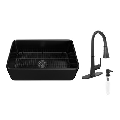 33-inch Fireclay Single Bowl Farmhouse Kitchen Sink with Spring Faucet All-in-one Kit