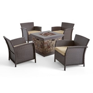 Christopher Knight Home Ellyanna Outdoor Wicker 5 Piece Club Chair and Fire Pit Set with Cushion - 1 of 4