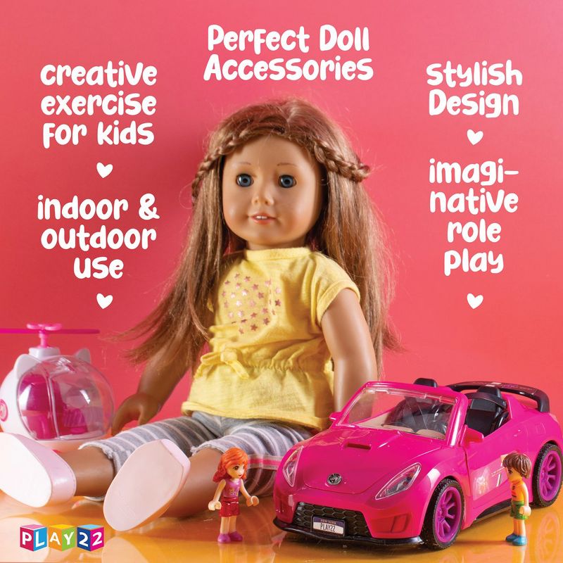 Pink Convertible 2-Seater Vehicle Doll Accessories with Lights and Sounds 10 Pc - Toy Car Includes Helicopter Doll, 2 Figurines, Dining Table Set, 3 of 5